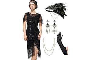 SWEETV 20er Jahre Kostüm Damen, Gatsby Kleid Damen mit 20er Jahre Kleid Accessoires, Charleston Flapper outfit