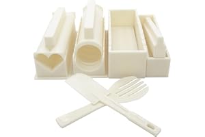 EXZACT zestaw do sushi, 10-częściowy/forma do ryżu - 5 wyjątkowych kształtów - serce, okrągłe, piramidowe, kwadratowe, japońskie kuchnia DIY w domu/proste i zabawne - kremowo-białe