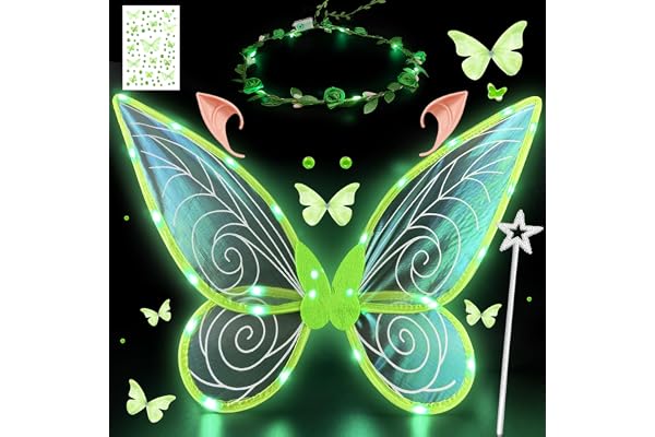 Ailes de Fée Lumineuses à Led, Ailes de Papillon Avec Oreilles d'Elfe, Bandeau de Fée à Led Et Baguettes de Fée Étoile, Ailes de Papillon, Ailes de Princesse, Costume d'Aile pour Carnaval ou Soirées