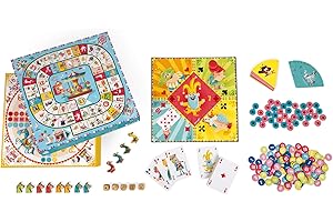 Janod - Coffret Multi-Jeux Carrousel - Jeux de Société Classiques - Dames, Petits Chevaux, Nain Jaune, 7 Familles, Jeu de l'oie - Dès 5 Ans, J02742