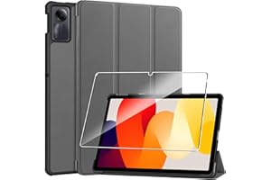 Heioloo Funda para Redmi Pad SE Flip Protectora Carcasa con Auto-Sueño/Estela, [1 Piezas] Templado Protector de Pantalla [PU Cuero] [Ultradelgada Carcasa] [Función de Soporte] [Dureza 9H] Gris