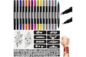 Oiomniv Temporary Tattoo Markers, 15PCS Body Markers Dual-End for Kids Adults, 62 Tattoo Stencils Temporary Tattoos Stickers, Glitter Matte Neon Tattoo Pens, Flexible Brush Tip, Skin Safe