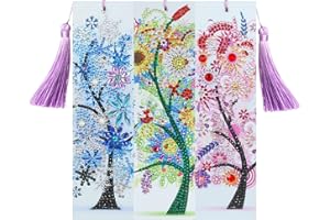 VETPW 3 Pezzi 5D DIY Diamond Pasted Painting, Segnalibro Pittura Diamante Albero Colorato DIY per Regalo di Compleanno di Laurea, Kit Segnalibro in pelle Pittura Diamante Fai Da Te con Nappa