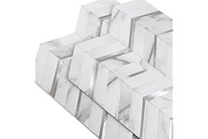 M MOFIT Marble Look Chevron Stick on Tiles for Kitchen, Herringbone Peel and Stick Mosaic Wall Tile Stickers Waterproof (White,10PCS)