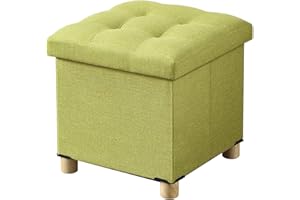 BRIAN & DANY Folding Ottoman Storage Box with Wood Legs, Linen Foot Stool, Footstool with Storage, Highly Elastic Sponge Filling, Green, 38 x 38 x 38 cm