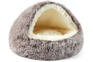 Belababy Calming Dog Bed, Fluffy Dog Cave Bed Small Medium with Upgraded Support Hood, Non-Slip Warm Donut Cat Beds for Indoor Cats (50CM, Gradient Brown)