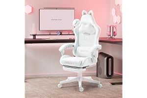 Dowinx Gamingstol, version i söt kattdesign, ergonomisk datorstol med högt ryggstöd och ländryggsstöd, PU-läder, fotstöd