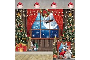 TENCOW Toile de fond de nuit pour photographie de Noël - Cadeau rustique - Fenêtre en bois pleine lune - pour bébé et enfant - Décoration de fête de famille - Bannière - Accessoire photo (210 x 150 cm)