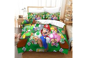 KUFRY Set Di Biancheria Da Letto Con 3D Super Mario Bros Stampa Copripiumino Set Con Cerniera Con Federa Super Morbido E Traspirante Microfibra Per Adulti E Bambino Biancheria Da LettoSingle（135x200cm）