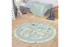‎TT HOME TT Home Teppich Kinderzimmer Kinderteppich Babymatte Straßen Motiv Tiere Wald Haus Junge, Farbe:Türkis, Größe:150 cm Rund