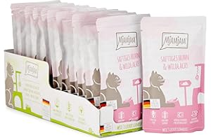 MjAMjAM - premium wet food for cats - juicy chicken and wild salmon, pack of 12 (12 x 125 g), grain-free with extra meat