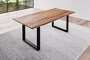 BETT11 SAM B-Ware Baumkantentisch 200x100cm Bria, Sheesham-Holz naturbelassen, Esstisch mit echter Baumkante, massiver Esszimmertisch mit U-Gestell Mattschwarz, Tischplatte 26mm