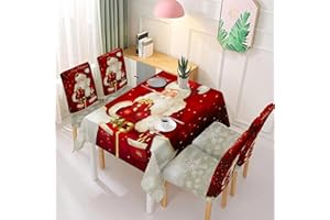 Trimming Shop Red Christmas Chair Covers & Tablecloth Set, Premium Polyester Table Cover and Chair Protector, Stretch Removable Washable Dining Table Cloth & Slipcovers for Christmas Party