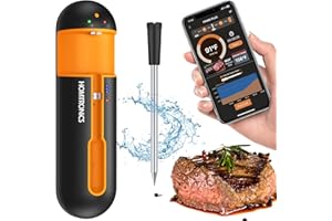 Fleischthermometer Kabellos, Homtronics Fleischthermometer Bluetooth, IP67 Wiederaufladbares Smart Meat Thermometer, mit APP für Backofen Grill Pfanne Fritteuse (orange-schwarz)