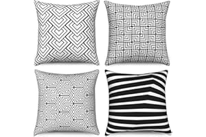 Hnmdmyi Funda de cojín Blanco y Negro 45x45 Juego de 4, Boho Geométrico Patrón Decorativo Fundas de cojín Moderno Farmhouse Neutral Lino Funda de cojín para sofá Cama Jardín al Aire Libre Home Decor