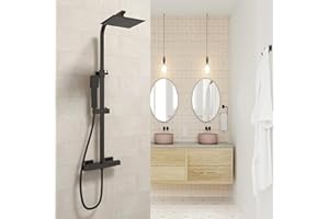 OCEAN ITALY S.R.L. OCEAN ITALY Kit Doccia con Soffione, Doccetta, Miscelatore Quadrati, Soffione Doccia 20x20cm Acciaio Inox con Ugelli Anticalcare, Sistema Doccia Termostatico Antiscottatura, Nero Opaco