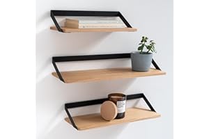 ‎KAZAI. KAZAI. Półki Ścienna -Finn- | Zestaw 3 Półek Wiszących z Metalu i Prawdziwego Forniru Drewna | Dekoracja Ścienna, Miejsce do Przechowywania i Półka na Przedmioty do Salonu, Kuchni, Sypialni | Dąb