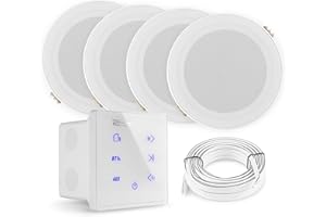 Power Dynamics A100B + 4 Altavoces IPX5 – Kit Sonido Bluetooth Empotrado para baño con Pantalla táctil, USB, microSD, Mando, 160W, Clase D, Compatible con Exteriores y Zonas húmedas