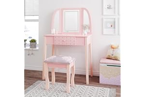 COLORSTONE Vanity Table Set with LED Lights, 4 Drawers Makeup Dressing Table with Tri-Folding Mirror Modern Makeup Table with Cushioned Stool for Girls Women(Pink)
