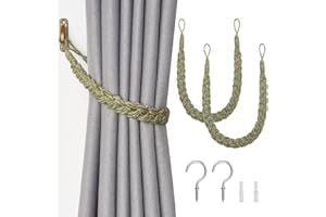 Pretty Jolly 2 Pack Natural Jute Rope Curtain Tiebacks Boho Rustic Style Decorative Drape Tie Backs Elegant Hand-Woven Rope Curtain Holdbacks with Metal Hook for Home & Office Drapery (Jute-Green)
