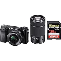 Sony Alpha ILCE-6100Y 24.2 MP Mirrorless Digital SLR Camera with 16-50 mm and 55-210 mm Zoom Lenses + SanDisk 128GB Extreme Pro SDXC UHS-I Card - C10, U3, V30, 4K UHD, SD Card