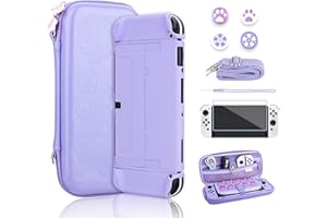 RHOTALL Sakura Embossing Cute Carrying Case Set für Nintendo Switch OLED, Zubehörpaket für Switch OLED mit Hartschale, Displayschutzfolie, 4 Daumenkappen, Handgelenkband und Schultergurt (Lila)
