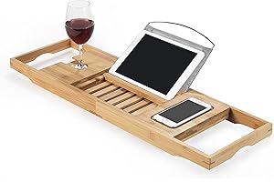 ‎TERRA SELL Badewannenablage, Badewannenbrett, Badewannentisch, Badewannentablett zum Baden in der Badewanne - ausziehbare Holzablage aus Natur Holz Bambus - bietet Platz für Buch, Badeprodukte, Glas u.v.m.