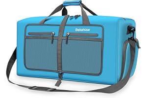 Bekahizar Travel Duffle Bag 60L Lightweight Foldable Holdall Duffels Large Weekend Overnight Bag Packable Carry On Luggage with Shoe Compartment for Men Women Camping Storage Gym Beach (Blue)