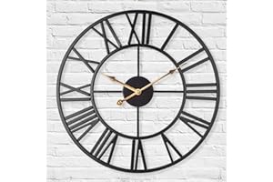 LENAUQ Silent Metal Skeleton Wall Clock, 60cm European Farmhouse Vintage Clock with Roman Numeral, Non-Ticking Battery Operated Hanging Wall Clock for Home Kitchen Cafe Hotel Office Decor(Black)