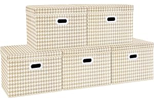 TYEERS Grande Boîte de Rangement avec Couvercle, Motif, Tissu, Lavable, Rangement Tissu, 44x30x29 cm, Lot de 5, Beige