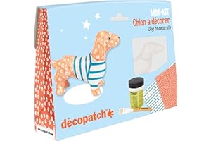 DÉCOPATCH Decopatch KIT026C - Un mini KIT che include un animale in cartapesta bianca, 2 fogli Decopatch, un pennello e un vasetto di colla vernice, Bassotto