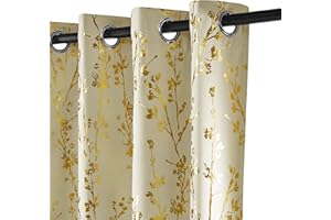 PONY DANCE 100% Beige Gold Blackout Floral Curtains for Living Room 84 inch Drop Eyelet Curtains for Bedroom Tree Branch Foil Thermal Insulated Window Drapes, 2 Panels, 46 x 84 inch