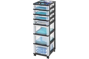 IRIS USA Plastic Drawer Storage Organizer Rolling Cart, with Wheels Casters, 7-Drawers, for Classroom Art Craft Supplies Dresser Closet Bathroom Dorm Bedroom Laundry Room, Black/Clear