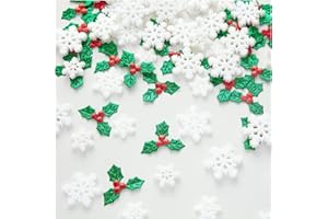 LZMDISU 160PCS Small/Mini/Miniature Christmas Decorations for DIY Crafts, Resin Charms Snowflakes with Holly Leaves Berries, Christmas Floating Vase Filler, Xmas Ornaments Decor for Wreath Tree Present Tag