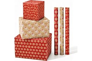SHUCHING Carta Regalo Natale 43cm x 3m - 3 Rotoli, Carta Kraft Rotolo Rosso con Babbo Natale, Fiocchi di Neve e Hohoho per Bambini Ragazzi Festa