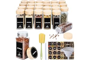Ferghana 24Pcs Botes Especias Cristal，120ml Tarro de Especias Cuadrado con Tapas de Bambú，Set de Botes Spice Jars，Organizador Especias，Frascos Especiarias con Tamiz, Etiquetas, Embudo，Cepillo Limpieza