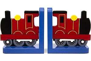 IN A ROUNDABOUT WAY BOOKENDS Red Train On Blue Wooden Bookends For Kids | Childrens Book Ends | Book Stoppers For Shelves, Kids Room or Nursery Decor - Hand Made in UK