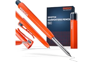 PRESCH Djuphålsmarkörer SPOTIX 13 grafitstift - Djupskala på millimetern | Snickarpenna med extra långt skaft - Markör med bältesklämma & vässare