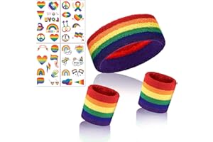 NOJGAC Pride Accessories Sweatband Set, LGBTQ Pride Rainbow Set, LGBTQ Accessories With Rainbow Wristbands Headband and Temporary Tattoos Pride Party Accessories for Women Men LGBTQ Gay Parade Carnival
