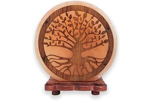 LAMARE Lampe en sel de l'Himalaya - Arbre de vie - 20 x 22 x 10 cm - Avec base en bois, câble et ampoule inclus - Fabriquée artisanalement