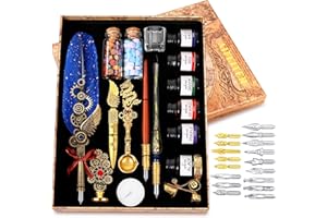 MPRINCE Quill Pen Ink Set-Feather Calligraphy Pen and Ink Set,Includes 6 Bottles of Ink,Quill Pen,Glass Dipping Pen,Wooden Dipping Pen,17 nibs,8 Sheets of Writing Paper-Blue