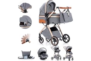 Gcarebb Sistema de viaje 3 en 1, cochecito con mango de altura ajustable, cochecito de viaje con cubierta de lluvia, cochecito de bebé con marco de aluminio para recién nacido