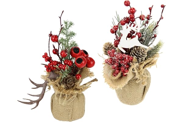 Arrangemang med gran, bär och älg, horn i jutekruka, konstgjord julblomma, vinterblomma, blomma, växtgrenar, arrangemang, juldekoration bordsdekoration, granarrangemang, blomsmycken, set om 2
