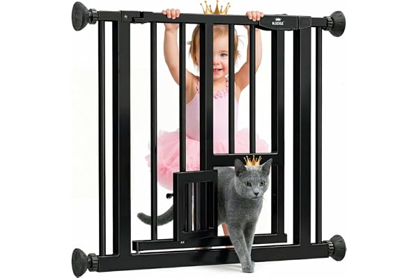 KIDIZ® Barrière de Sécurité, Barrière d'Escalier, pour Enfants, avec Portillon, pour Chiens et Chats, sans Percer, Extensible, Combinable avec des Broches en Y, Pivotante, 74-87 cm - Noir