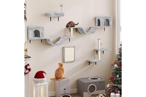 YITAHOME 8PCS Estante de Escalada para Gatos Montado en La Pared, Muebles de Pared de Madera para Gatos Árbol para Gatos con Postes Rascadores/Casa/Puente/Escaleras/Bola Colgante,Gris Claro
