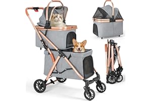 MAMIZO Passeggino Doppio Strato per Cani, Pieghevole Passeggino per Animali Domestici fino a 15 kg, Carrello per Cani con 4 PCS ruote, Passeggino Cane con Finestre a Rete e Portabevande, Grigio