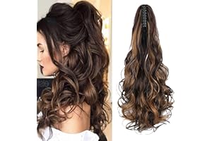 Cybelleza Coleta Postiza con Pinza Extensiones de Clip de Pelo Natural Extensiones de Cabello Rizadas Sintético Ondulado Ponytail Largo Cola Claw (Castaño medio y rubio oscuro)