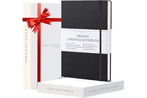 ‎BEECHMORE BOOKS Beechmore Books Notizbuch liniert - XL A4, Schwarz I Premium Hardcover Journal Buch aus veganem Leder, 120gsm creme Papier, Geschenkbox, für Schriftsteller, Journalisten, Meetings & Studenten
