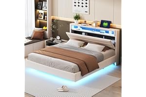 KEYIDE Letto imbottito 160 x 200 cm, con illuminazione a LED e ricarica USB, letto matrimoniale con testiera e rete a doghe, letto per ragazzi, in lino, senza materasso