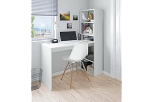 Dmora 8052773670654 Scrivania Denton, Scrittoio Multifunzione Reversibile con libreria 5 Ripiani, Tavolo da Studio o Ufficio Porta PC portalibri, 120x53h144 cm, Bianco, 10mm, Pannello melaminico 15mm